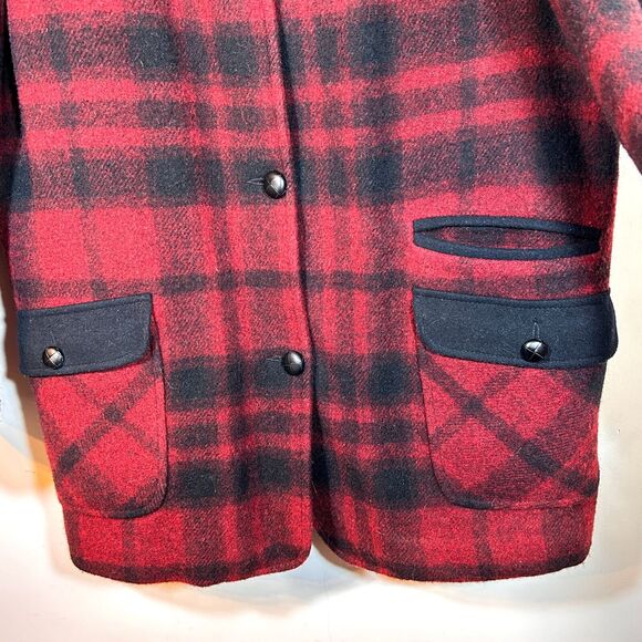 LL Bean Womens M Wool Coat Red Black Plaid Made In USA - Picture 7 of 8